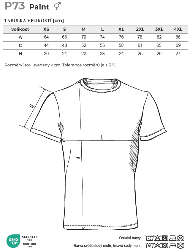 P73 Paint tričko unisex Tabulka velikostí